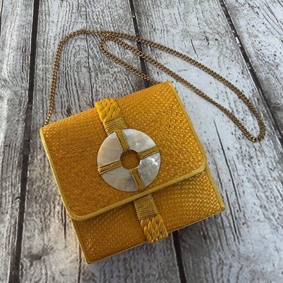 Liza Castro Handbags - Rare Liza Castro Marigold Yellow Buntal Palm Bag Mother Of Pearl Detail Bohemian